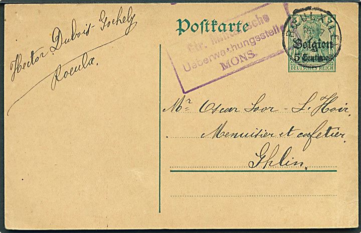 Tysk post i Belgien. 5 c./5 pfg. Belgien helsagsbrevkort fra Rœulx d. 2.9.1915 til Ghlin. Tysk censur fra Mons.