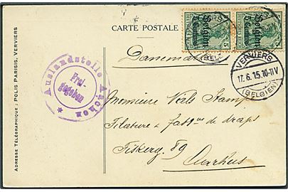 Tysk post i Belgien. 5 c/5 pfg. Belgien provisorium i parstykke på brevkort fra Verviers d. 17.6.1915 til Aarhus, Danmark. Tysk censur fra Aachen.