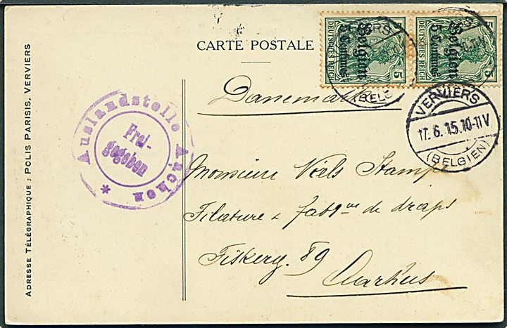 Tysk post i Belgien. 5 c/5 pfg. Belgien provisorium i parstykke på brevkort fra Verviers d. 17.6.1915 til Aarhus, Danmark. Tysk censur fra Aachen.
