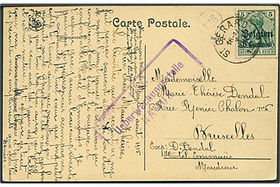Tysk post i Belgien. 5 c./5 pfg. Belgien Provisorium på brevkort fra St. Gerard d. 3.8.1915 til Bruxelles. Tysk censur fra Namur.