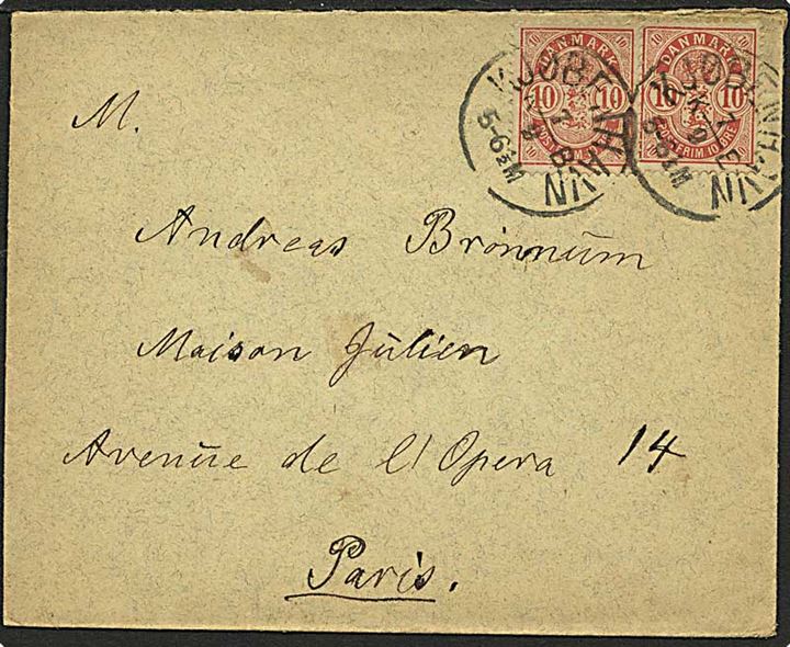 10 øre (2) Våbentype på brev fra Kjøbenhavn d. 7.9.189x til Paris, Frankrig.