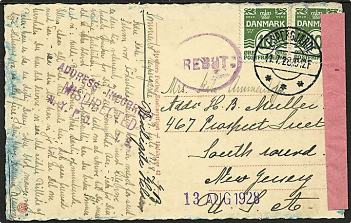 10 øre Bølgelinie (2) på brevkort (Kronborg Slot) fra Espergjærde d. 11.7.1928 til New Jersey, USA. Retur pga mangelfuld adresse med rød forespørgsels etiket (F. Form Nr. 4007 (7/7 24)) fra Returpostkontoret.