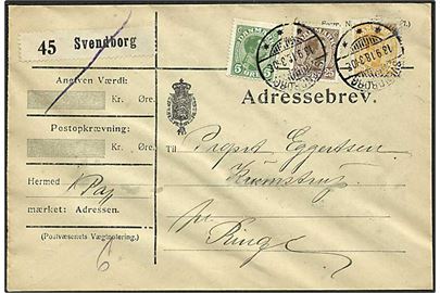 5 øre, 25 øre og 35 øre Chr. X på adressebrev for pakke fra Svendborg d. 13.9.1918 til Ringe.