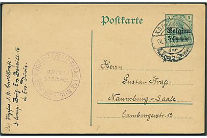 Tysk post i Belgien. 5 c./5 pfg. helsagsbrevkort dateret Dixmünde annulleret med feltpoststempel K.D.Feldpostexp. der 4. Ersatz-Division d. 24.3.1915 til Naumburg, Tyskland. 