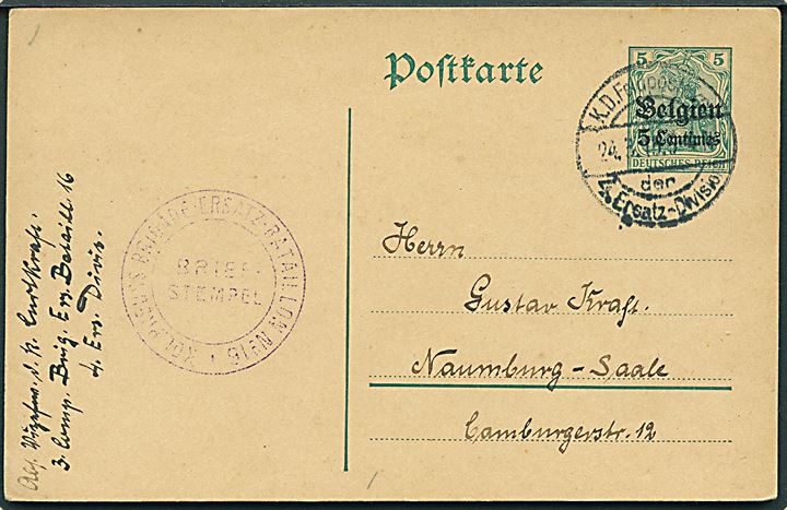 Tysk post i Belgien. 5 c./5 pfg. helsagsbrevkort dateret Dixmünde annulleret med feltpoststempel K.D.Feldpostexp. der 4. Ersatz-Division d. 24.3.1915 til Naumburg, Tyskland. 