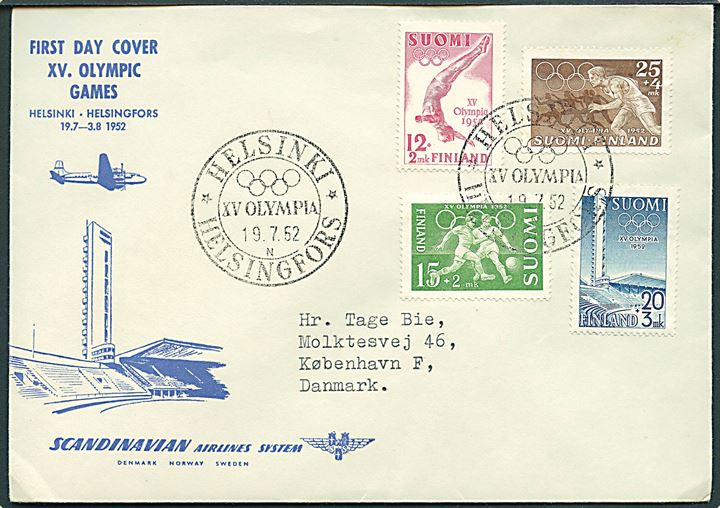 Olympiade udg. på illustreret OL-kuvert stemplet Helsinki XV Olympia n d. 19.7.1952 til København, Danmark.