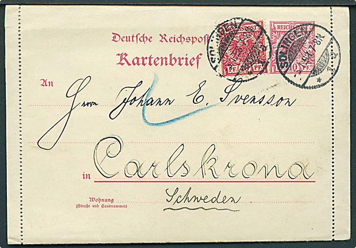 10 pfg. helsagskorrespondancekort opfrankeret med 10 pfg. fra Solingen d. 5.1.1898 til Carlskrona, Sverige.