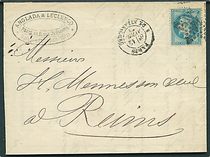 20 c. Napoleon III på brev fra Paris d. 12.4.1870 til Reims.