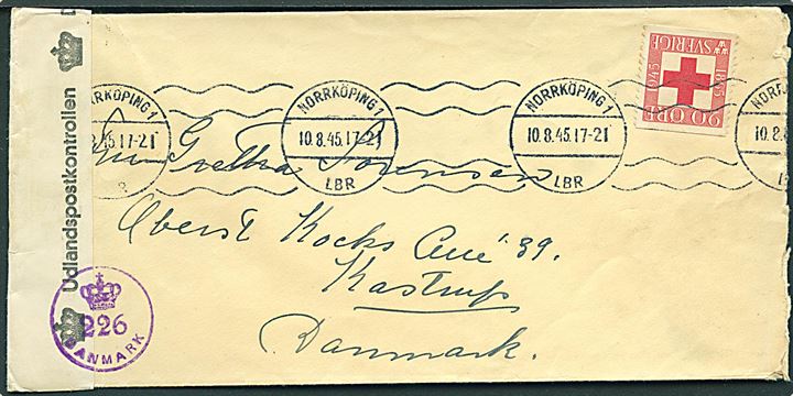 20 öre Røde Kors på brev fra Norrköping d. 10.8.1945 til Kastrup, Danmark. Åbnet af dansk efterkrigscensur (krone)/226/Danmark.