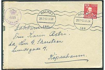 20 öre Svenska Flottan på brev fra Malmö d. 29.7.1945 til København, Danmark. Åbnet af dansk efterkrigscensur (krone)/418/Danmark.