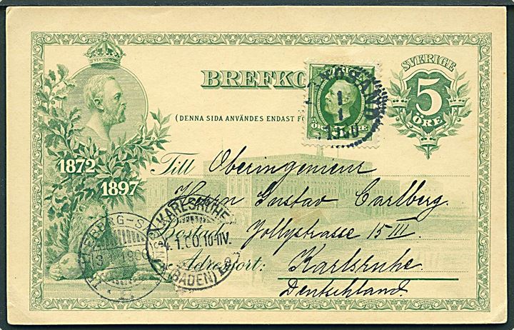5 öre Jubilæums helsagsbrevkort opfrankeret med 5 öre Oscar fra Hernösand d. 1.1.1900 via Trelleborg-Sassnitz *B* til Karlsruhe, Tyskland.