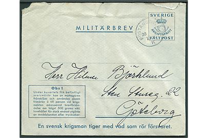 Militärbrev stemplet Postanstalten 1355 K (= Västerhaninge) d. 28.?.194? til Göteborg. Fra Marinepost 2986 = Stockholms kustartilleriförsvar II. luftvärnsdivisionen (1. 75 mm lvkanbatt). Ubenyttet svarmærke.