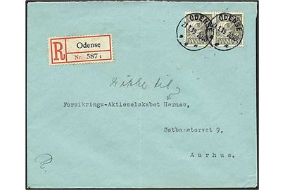 20 øre Karavel i parstykke på anbefalet brev fra Odense d. 21.1.1935 til Aarhus.