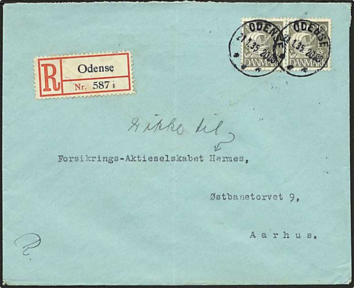 20 øre Karavel i parstykke på anbefalet brev fra Odense d. 21.1.1935 til Aarhus.