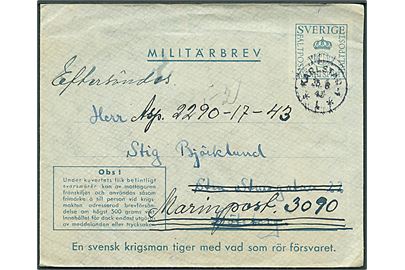 Militärbrev fra Karlstad d. 15.6.1943 til Göteborg - eftersendt til Marinepost 3090 = Studentkompaniet KA 2. Svarmærke fjernet.