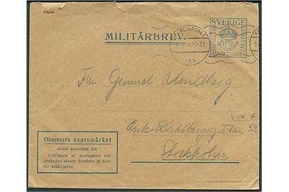 Militärbrev fra Karlskrona d. 27.8.1940 til Stockholm. Fra panserskibet HMS Tapperheten.