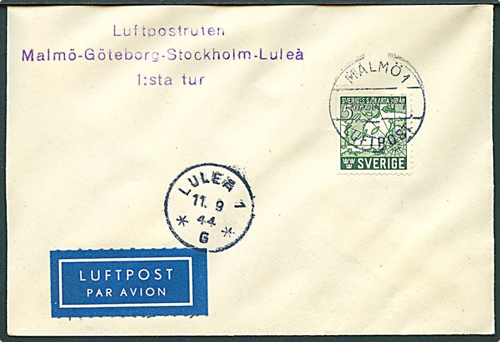 5 öre Sjökarta på luftpost tryksag fra Malmö d. 11.9.1944. 1.flyvning på ruten: Malmö-Göteborg-Stockholm-Luleå. Ank.stemplet Luneå d. 11.9.1944.