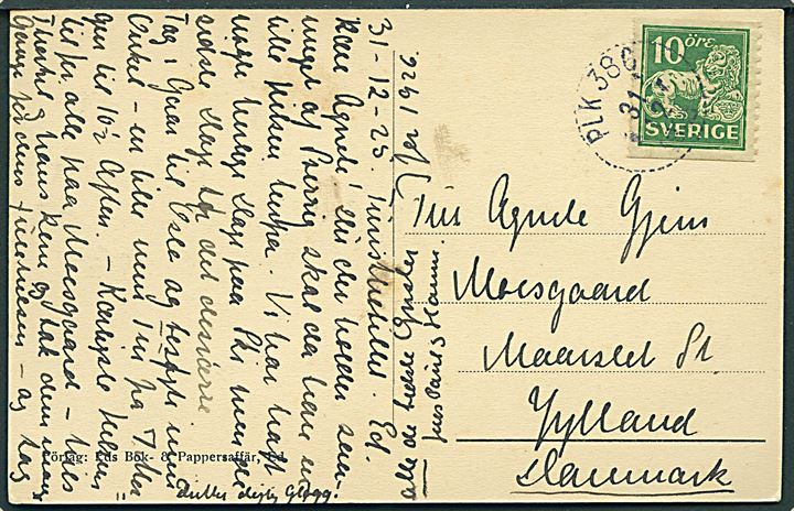 10 öre Løve på brevkort (Ed, Parti av Lilla Lee) annulleret med bureaustempel PLK 386 (= Kornsjö-Mellerud) d. 31.12.1925 til Maarslet, Danmark.