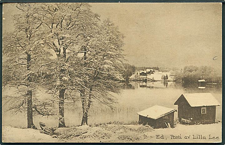 10 öre Løve på brevkort (Ed, Parti av Lilla Lee) annulleret med bureaustempel PLK 386 (= Kornsjö-Mellerud) d. 31.12.1925 til Maarslet, Danmark.
