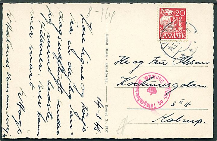20 øre Karavel på brevkort (Holte, udsigt over Furesøen) stemplet Holte d. 15.3.1943 til Malmö, Sverige. Dansk censur.