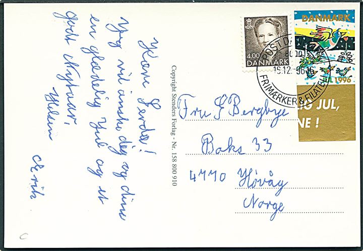 4 kr. Margrethe og UTAKKET Julemærke 1996 på brevkort stemplet Post Danmark Frimærker & Filateli 8000 d. 16.12.1996 til Hövåg, Norge.