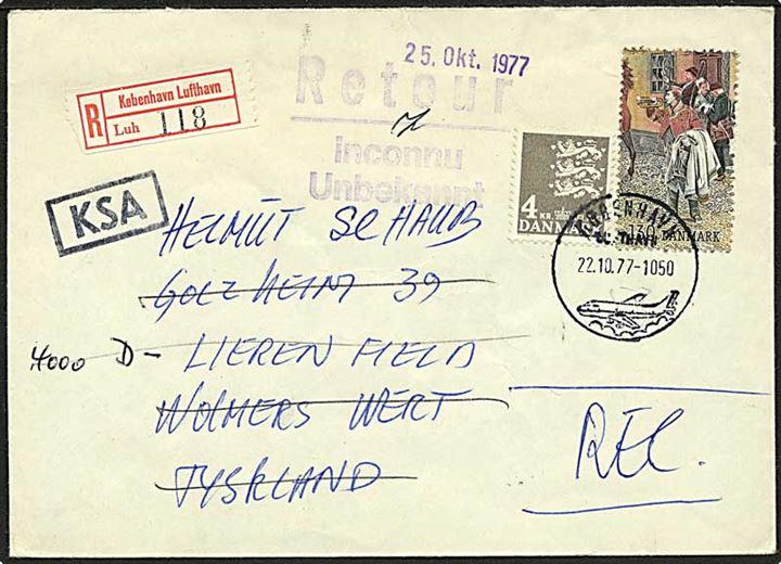 4 kr. Rigsvåben og 1,30 kr. Postillon (fra Hafnia III blok) på anbefalet brev fra København Lufthavn d. 22.10.1977 til Tyskland. Retur med forskellige stempler pga. mangelfuld adresse.