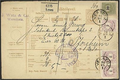 5 f. helsags adressekort opfrankeret med 2 f. (3) og 30 f. for pakke fra Versecz d. 30.3.1890 via Karlsruhe til Pforzheim, Tyskland.