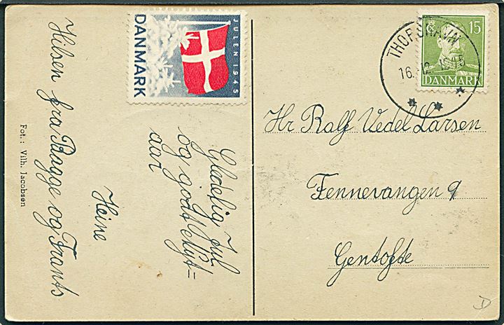15 øre Chr. X på brevkort (udsigt over Thorshavn) annulleret med brotype IIIg Thorshavn d. 16.12.1945 (Søndag) til Gentofte. Stemplet hovedsaglig benyttet til annullering om søndagen.