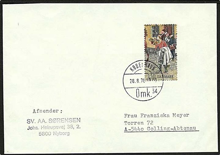 1,30 kr. Postillion fra Hafnia blok III som frankering på brev fra København d. 28.8.1978 til Golling-Abtenau, Østrig. Bagklap mgl.