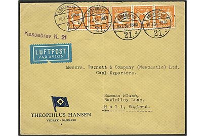 10 øre H.C.Andersen (5) på luftpostbrev stemplet København 21 d. 10.3.1936 til Hull, England. Liniestempel: Kassebrev K. 21.