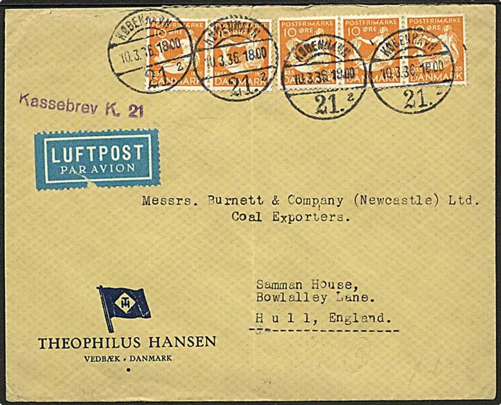 10 øre H.C.Andersen (5) på luftpostbrev stemplet København 21 d. 10.3.1936 til Hull, England. Liniestempel: Kassebrev K. 21.