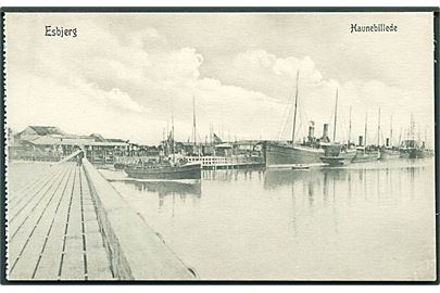Esbjerg, havneparti med dampskibe. E. Hansen no. 1219.