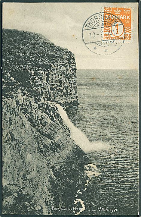 Vaagø, Bøsdalafos. A. Brend no. 24736. Påsat 1 øre Bølgelinie stemplet Thorshavn d. 19.7.1912.