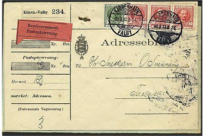 5 øre og 10 øre (3-stribe) Fr. VIII på adressebrev for pakke med opkrævning stemplet Kjøbenhavn Valby d. 30.3.1912 til Troense.