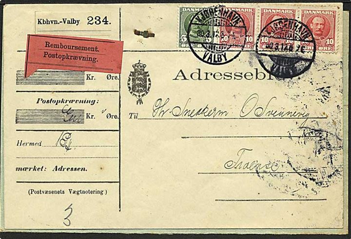 5 øre og 10 øre (3-stribe) Fr. VIII på adressebrev for pakke med opkrævning stemplet Kjøbenhavn Valby d. 30.3.1912 til Troense.
