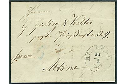 1849. Francobrev med 1½ ringsstempel Meldorf d. 20.5.1849 til Altona. Fuldt indhold.