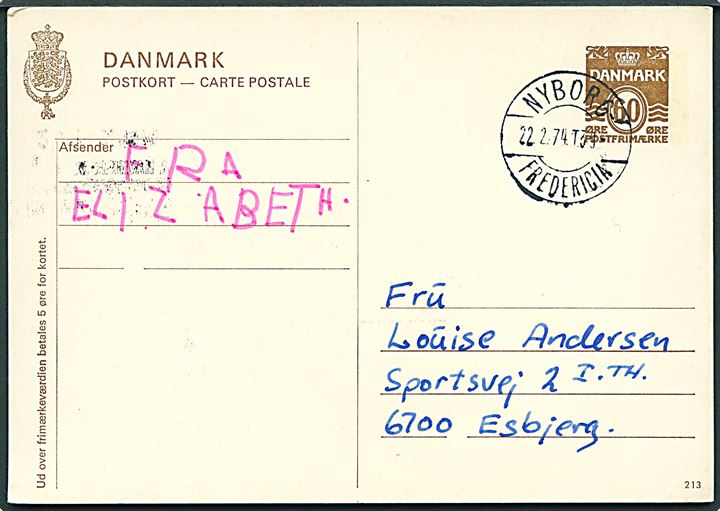 60 øre helsagsbrevkort (fabr. 213) annulleret med bureaustempel Nyborg - Fredericia T.39 d. 22.2.1974 til Esbjerg.