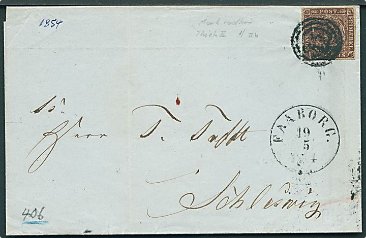4 R.B.S. Thiele II på brev annulleret med svagt nr.stempel 15 og sidestemplat antiqua Faaborg d. 19.5.1854 til Schleswig.