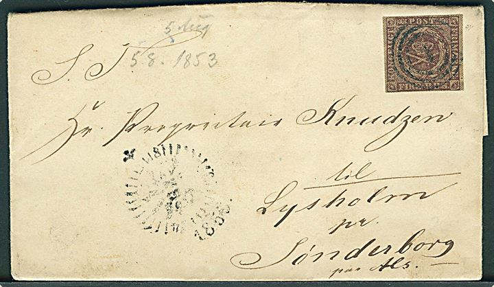 4 R.B.S. Thiele II på brev annulleret med nr.stempel 1 og sidestemplet med kompasstempel Kjøbenhavn KB d. 5.8.1853 til Lysholm pr. Sønderborg paa Als.