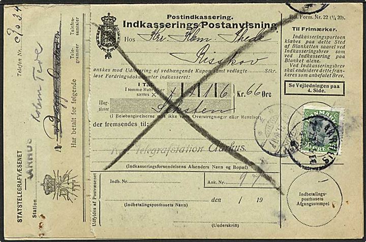 30 øre Chr. X på retur Indkasserings-Postanvisning fra Aarhus d. 7.7.1921 til Risskov.