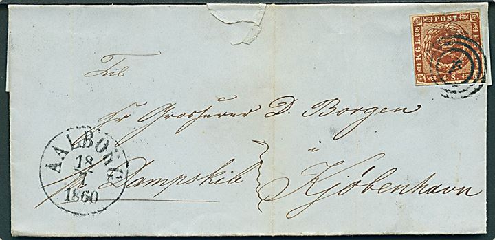 4 sk. 1858 udg. på brev påskrevet pr. Dampskib annulleret med nr.stempel 4 og sidestemplet antiqua Aalborg d. 18.7.1860 til Kjøbenhavn.