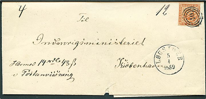 4 sk. 1858 udg. på postanvisning annulleret med nr.stempel 40 og sidestemplet antiqua Løgstør d. 5.4.1859 til Kiøbenhavn.
