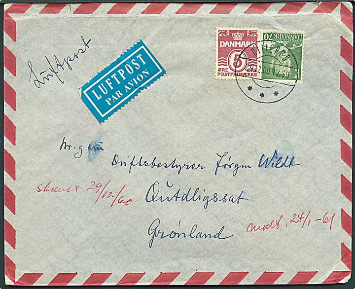 5 øre Bølgelinie og 70 øre Fr. IX på luftpostbrev fra Hillerød d. 29.12.1960 til Qurdligssat, Grønland. Noteret modtaget d. 24.1.1961.