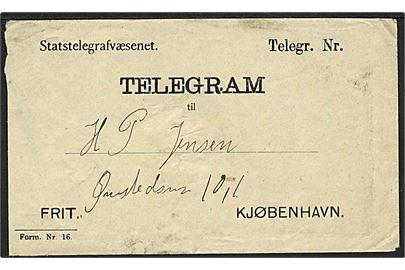 Statstelegrafvæsnet. Telegramkuvert (Form. Nr. 16.) med afs.-stempel på bagsiden: Statstelegrafstation / Frederiksberg Gl. Kongevej.