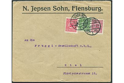 5 pfg., 10 pfg. og 15 pfg. Fælles udg. på brev fra Flensburg d. 28.1.1920 til Kiel.