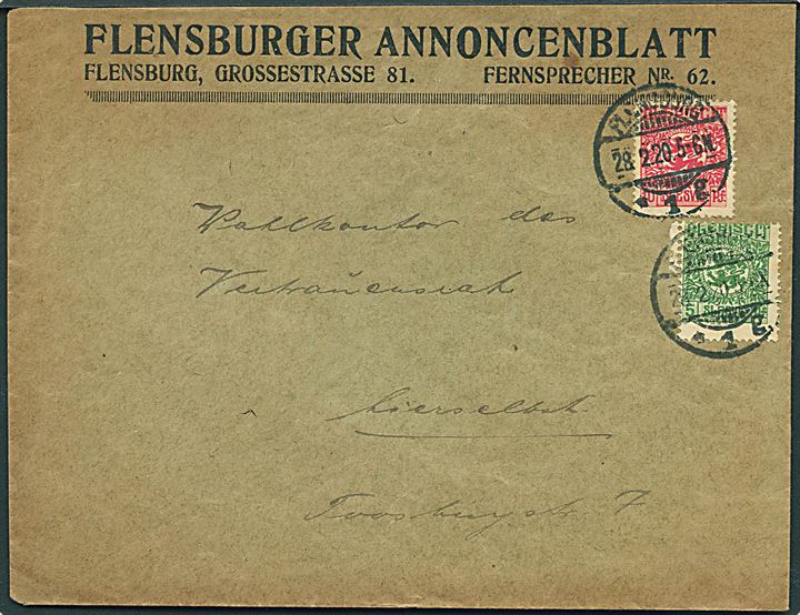 5 pfg. og 10 pfg. Fælles udg. på lokalbrev i Flensburg d. 28.2.1920.