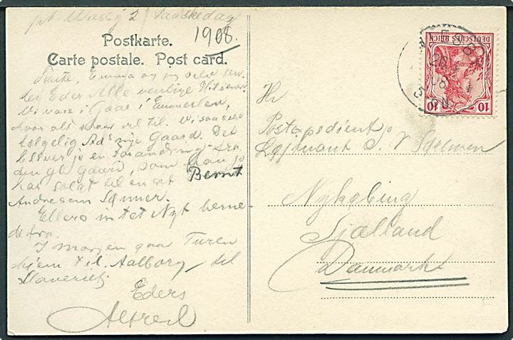 10 pfg. Germania på brevkort (Parti fra Visby) annulleret Wiesby d. 20.4.1908 til Nykøbing Sjælland, Danmark.
