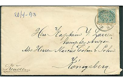 20 øre Våben (kort tak) på brev fra Kjøbenhavn V. d. 21.4.1893 til kaptajn ombord på S/S Ansgar i Königsberg, Preussen.