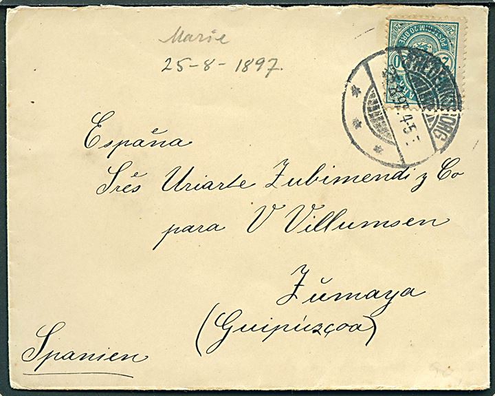 20 øre Våben på brev fra Frederiksborg d. 25.8.1897 til Zumaya, Spanien. 