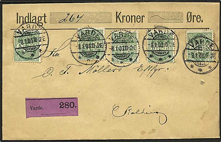 5 øre Våbentype (5) på 25 øre frankeret værdibrev fra Varde d. 8.1.1903 til Kolding.